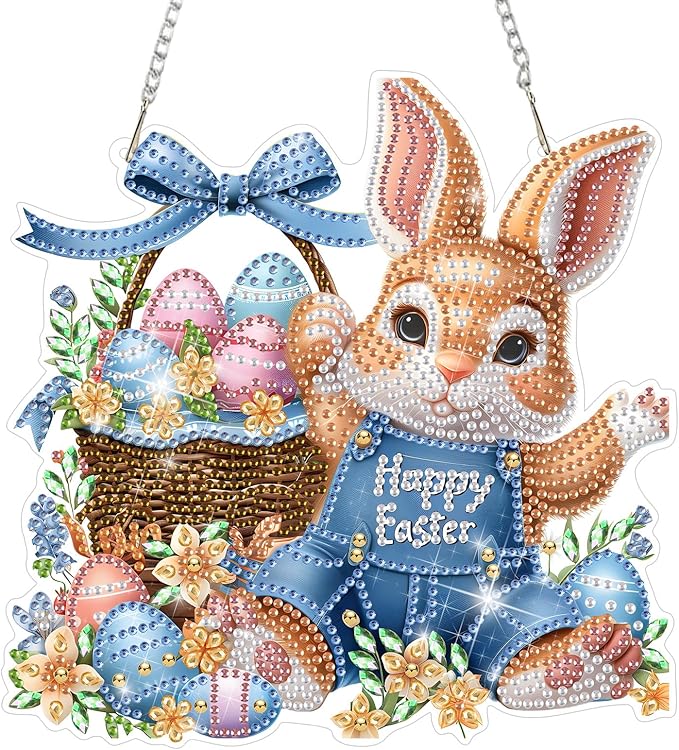 DOMROM Rabbit Diamond Art Hanging Kit for Adults, Easter Special Shaped Crystal Diamond Painting Rabbit Pendant, DIY Diamond Art Suncatchers Animal for Home Garden Wall Decor Gift