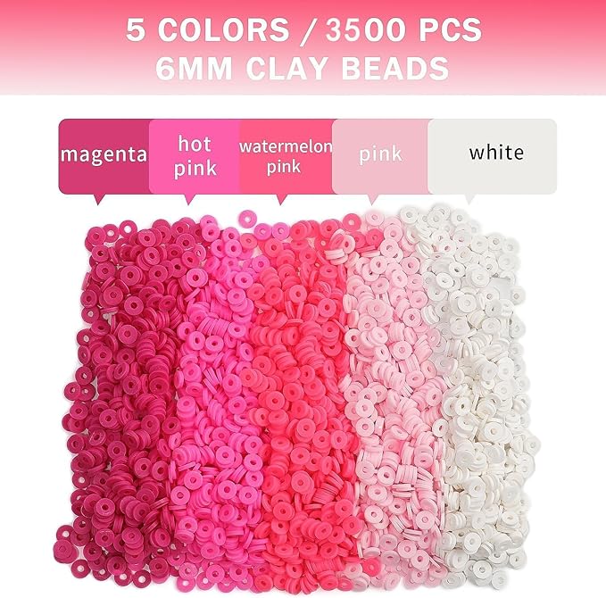 3500pcs Pink Clay Beads for Bracelets Making Kit, 6mm Heishi Polymer Flat Round Disc Clay Beads for Jewelry Making Pink