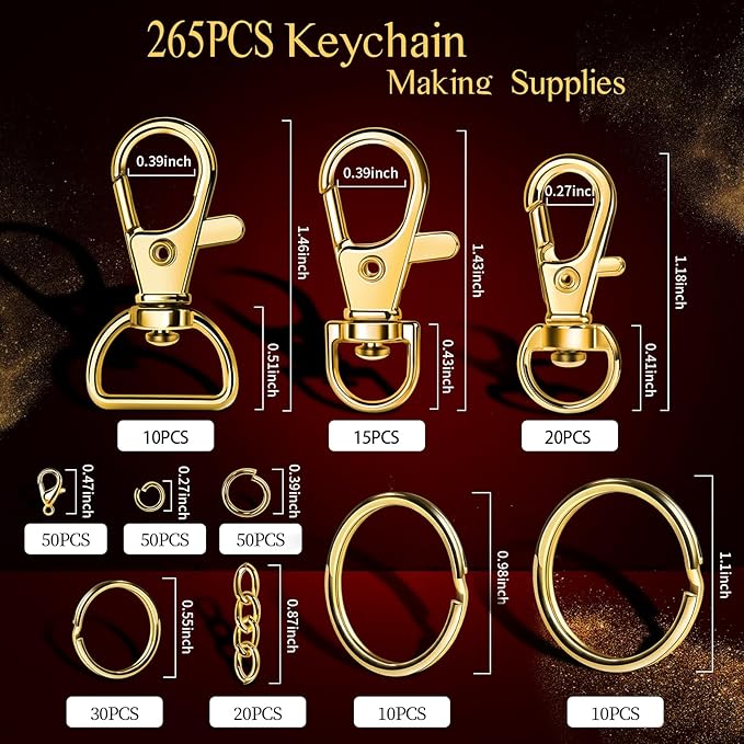 LEOBRO Keychain Making Kit, 265PCS Keychains Clips and Key Rings, Metal Lobster Claw Clasps and Key Chain Rings, Key Rings Bulk, Keychain Rings, Clip for Key Chains, Jewelry Making, Crafts, Gold