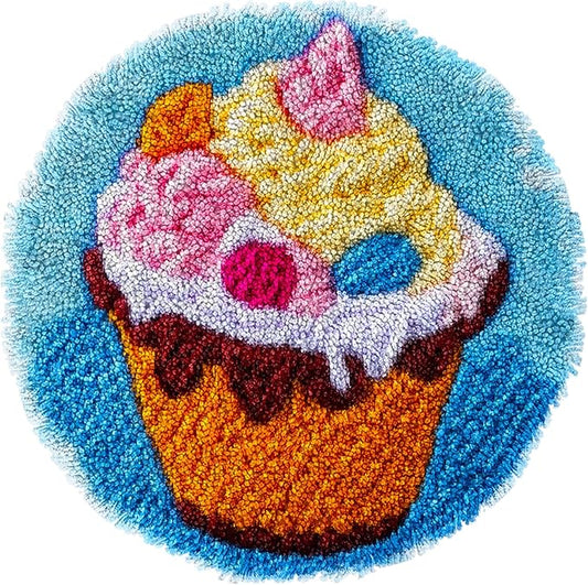 Latch Hook Mini Rug Kit Cute Ice Cream Cup Easy for Beginners Round Shape Carpet Crochet Yarn Craft DIY Hook and Latch Little Tapestry for Home Decor 30x30cm