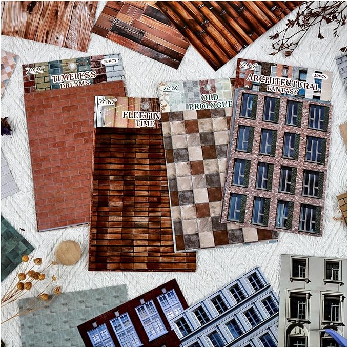 Retro Wall Pattern Collection Self-Adhesive Background Stickers for Journaling and Scrapbooking Supplies, 40 Sheets 5.5x3.9 Inches Vintage Decorative Stickers for Wall Collage Scrap Book Paper Crafts