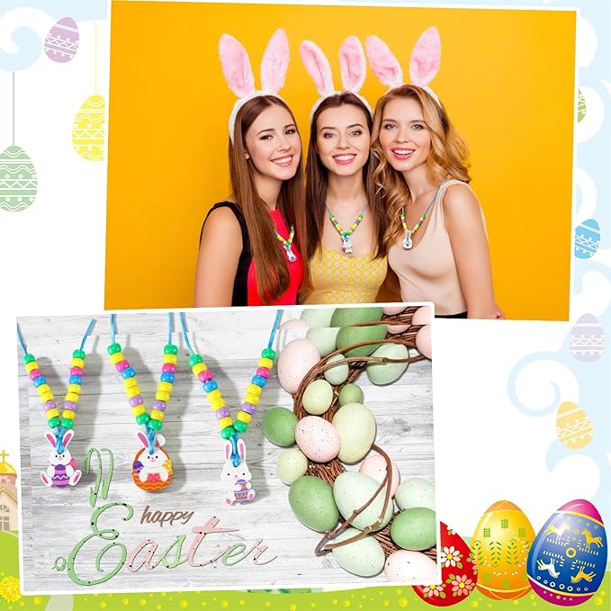 Ecally 24 Sets Easter Crafts Bunny Beaded Necklaces Crafts Kit DIY Make Your Own Rabbit Necklaces for Easter Art Activity Project Party Favors Supplies Spring Decoration