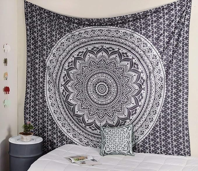 popular handicrafts tapestry wall hanging hippie ombre mandala bohemian hippy metallic intricate indian tapestries bedspread 54 x 82 inches (140cm x 210 cm) silver & grey