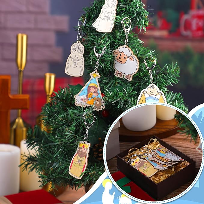 Trnayi 36 Pcs Christmas Nativity Crafts Unfinished Wooden Christian Keychains Color Your Own Religious Jesus Holy Ornaments DIY Blank Crafts to Paint for Arts Project Home Decor