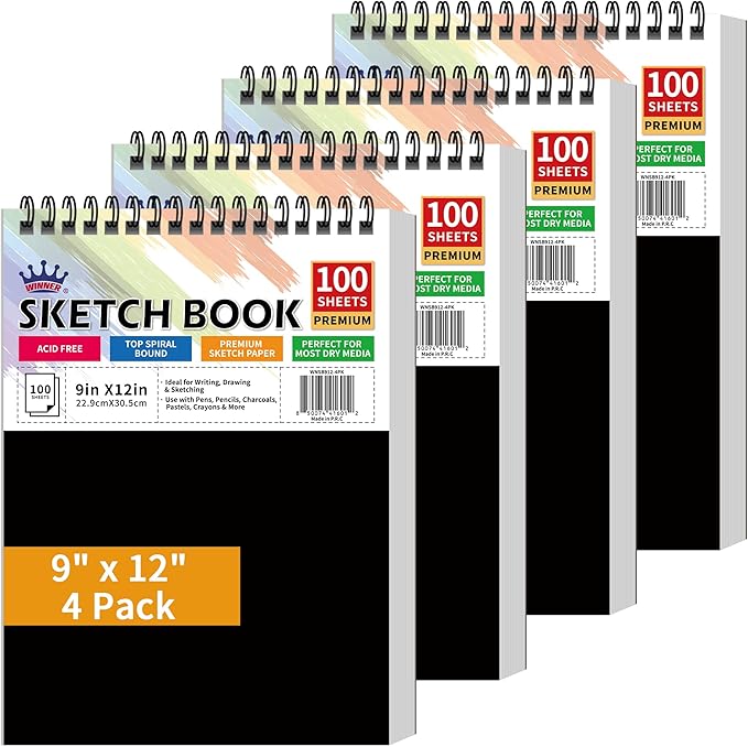winner 9" x 12" sketch book 4 pack, 400 sheets spiral bound art sketchbook, 68lb/100gsm white acid free drawing pad, sketching drawing writing sketch pad, art supplies for school, kids, adults &teens