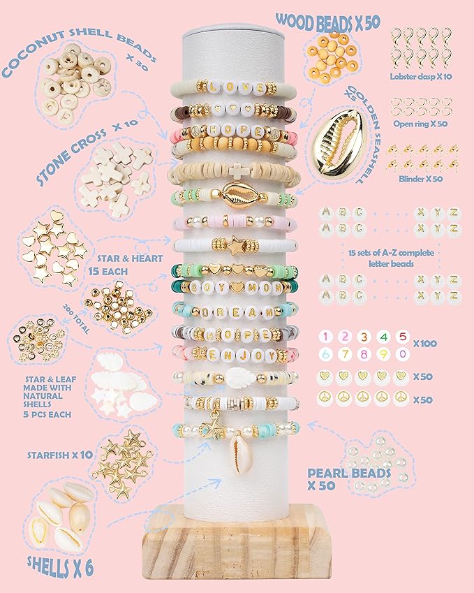 Deinduser Bracelet Making Kit, 7200pcs Clay Beads, 24 Colors 2 Boxes Beads for Bracelets, Clay Bead Bracelet Making kit with Letters, Numbers, Spacers, Ideal Gifts for Holidays
