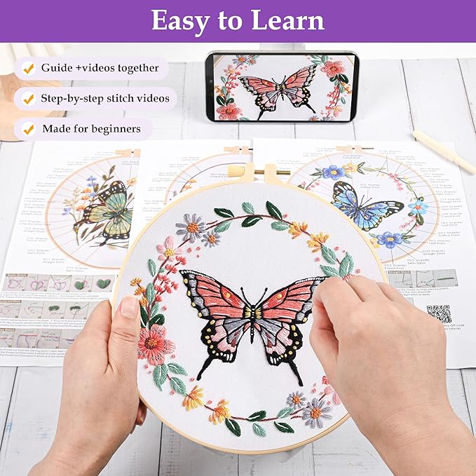 3 Sets Butterfly Flower Embroidery Kit for Beginners, Cross Stitch Practice Kits for Craft Lover with Pre-Stamped Patterns, 7.8-Inch Hoop, Threads, Needles, Step-by-Step Guide & Video, Needlepoint Kit