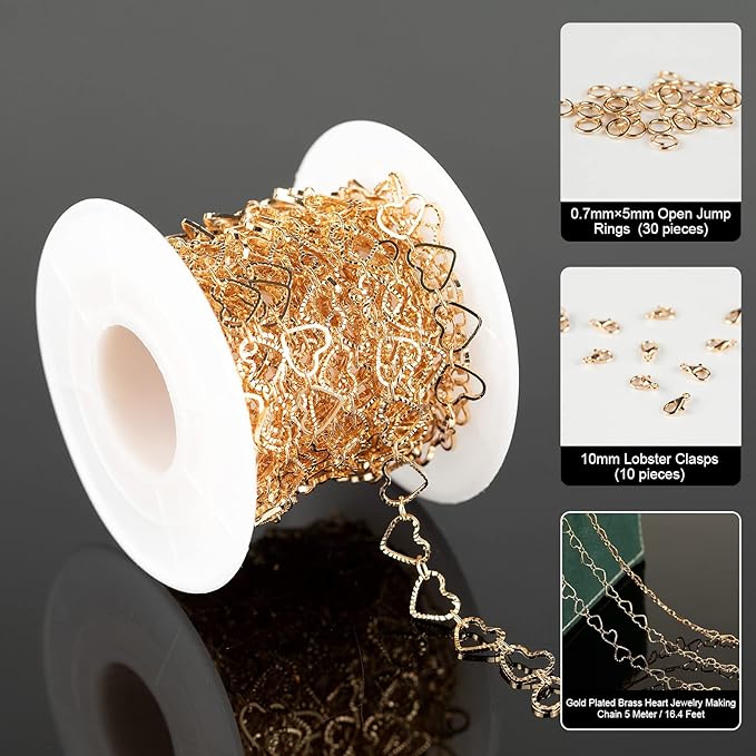 YOUBEIYEE 16.4 Feet Gold Plated Heart Chain Brass Handmade Embossed Link Chains Bulk on Spool with Open Jump Rings Lobster Clasps for Bracelet Necklace Jewelry Making