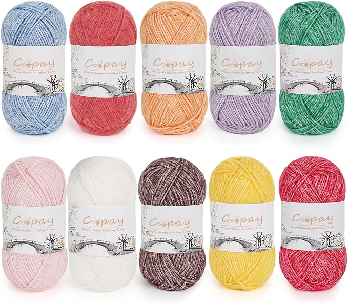 Coopay Yarn for Crocheting and Knitting - 78% Cotton 22% Acrylic - 10 Pack of 50g/1.76oz (CYC #2) - Soft Crochet Yarn Cake, Vibrant Colors for Toys, Sweaters, Scarves, Hats - Beginner Friendly