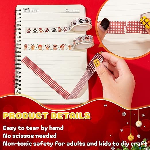 Christmas Dog Washi Tape - 12 Roll Christmas Hat and Dog Paw Pack Double Sided Scrapbook Masking Washi Tape School Office Scrapbooking Scrapbook Supplies Adhesive Glue Diy Craft Gift Wrapping