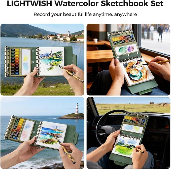 Portable Watercolor Sketchbook Set - 100% Cotton Hot Press 5.1x4.3 Inch 20Sheets Binder Art Journal with 18-Well Ceramic Paint Palette & Travel Watercolor Brushes for Artists Outdoor Painting
