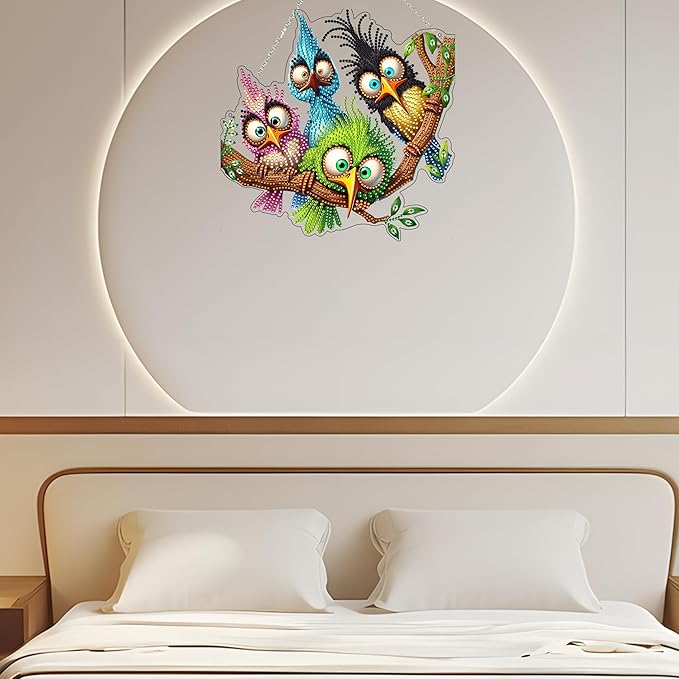 5D Diamond Art Hanging Kit for Adult,Special Shaped Rhinestone,Double Sided DIY Acrylic Diamond Art Painting Window Pendants Home Garden Wall Hanging Kits Hanging Ornament (Four Birds)