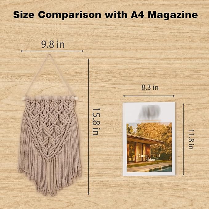 small macrame wall hanging decor boho tapestry for bedroom living room dorm nursery and office, cute aesthetic wall art for small spaces for teen girls and home decor (beige brown, 16*10 inch)