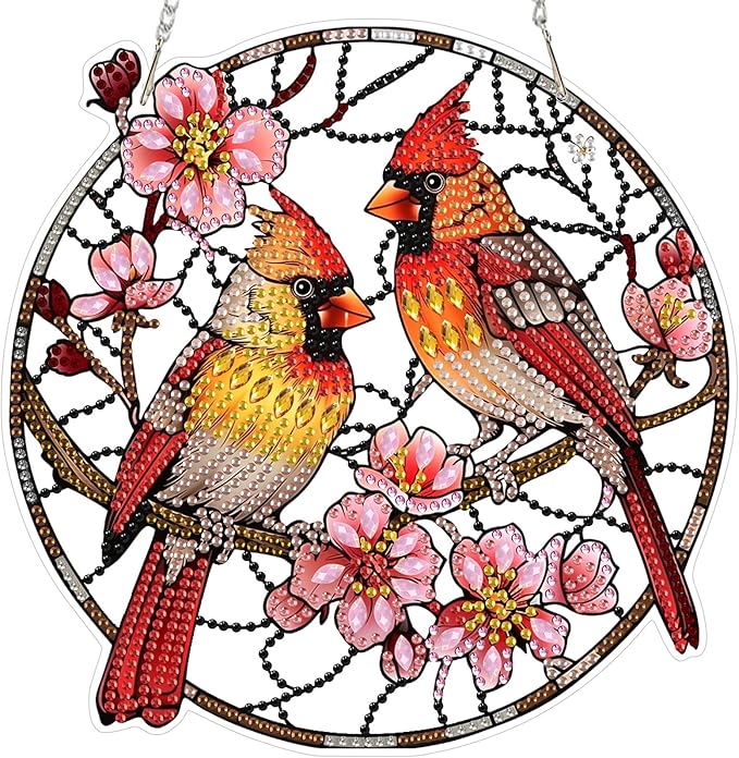 NEWENMO Hanging Diamond Art Kit for Adult, Cardinal, 5D Special Shaped Rhinestone Diamond Painting Ornament, Flower Bird, DIY Acrylic Diamond Art Painting Window Pendants Home Garden Wall Decor