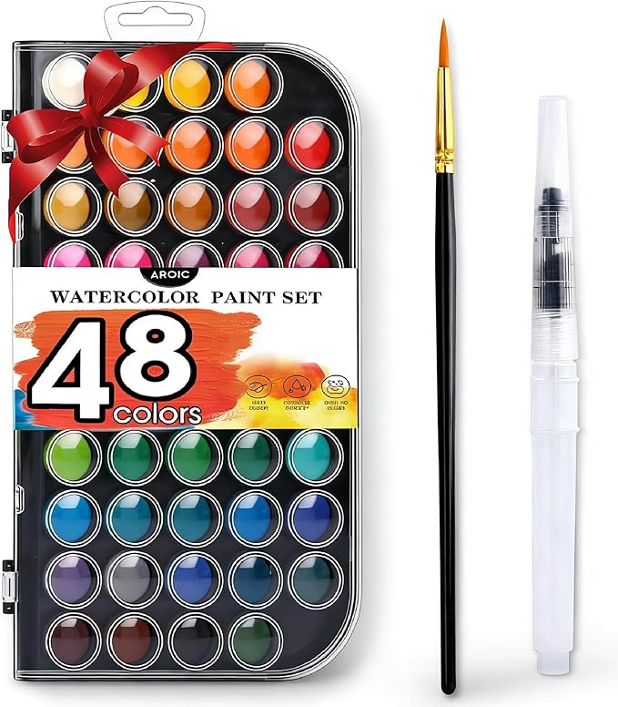 AROIC 48 Colors Watercolor Paint,Washable WaterColor Paint Set with a Refillable Water Brush Pen Travel Art Kit for Beginners & Artists Birthday Gift for Art Lovers 12 years old+