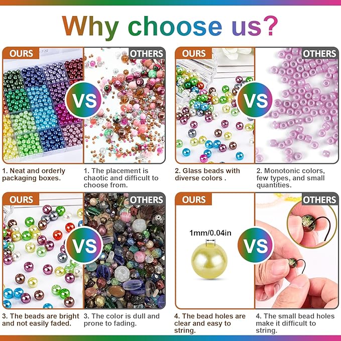 XSEINO About 1200+ PCS 6mm Imitation Pearl Style Glass Beads Bracelet Making Kit, 24 Assorted Colors Imitation Pearl Series Crystal Beads for Jewelry Making and DIY Crafts, Friendship Bracelets