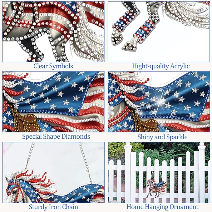 CEOVR 4th of July Hanging Diamond Art for Adults, American Flag Horse Diamond Painting Pendant DIY Gem Art Wall Hanging Ornament, Acrylic Home Garden Decor with Chain, Box Kit 7.78×7.14inch