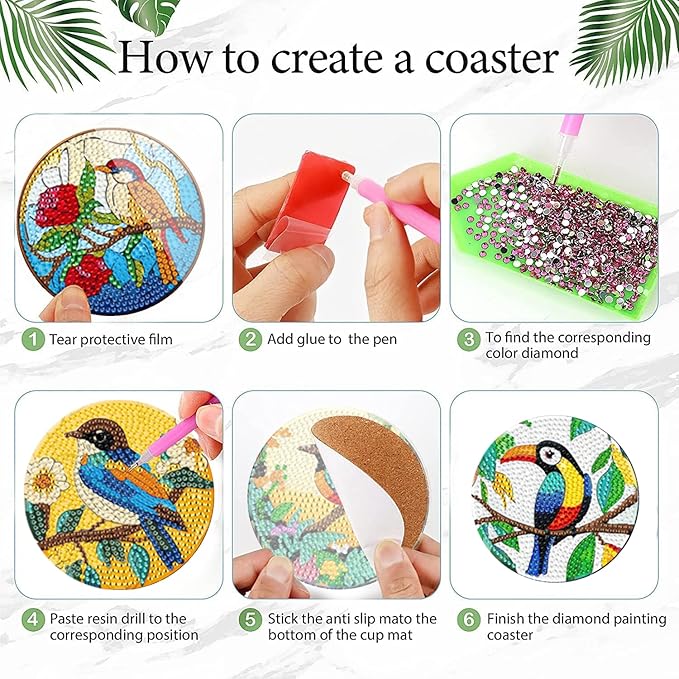 EWJRNSF 8 PCS Small Diamond Art Coasters Kits, Diamond Painting Coasters, Fall Diamond Art Kits for Adults Beginners, Arts and Crafts Item Sets with Holder for Drinks Bird Style