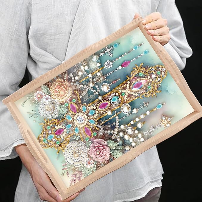 AiYuanzsh DIY Diamond Art Tray with Handle Diamond Art Painting Plate Creative Design Handmade Wooden Tray Mosaic Making Kits by Number Kits Diamond Art for Coffee Living Room Home Organizer