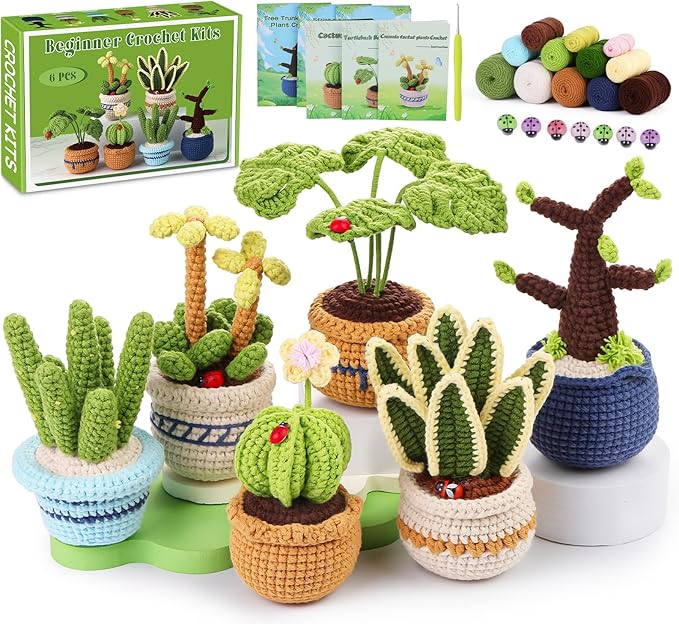 Hssugi Crochet Kit for Beginners, 6PCS Succulents Plants Crochet Kits, Knitting Kit with Step-by-Step Video Tutorials, Crochet Yarn DIY Beginner Crochet Kit for Adults Succulent Family