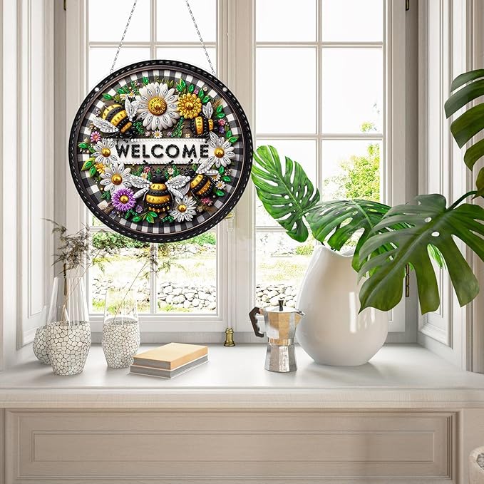 Generic DIY Hanging Diamond Pendant Special Shaped Crystal Diamond Art Painting Ornament Single Sided for Window Home Garden Wall Door Decor-Bee Daisy