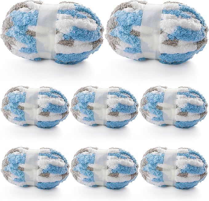 8 Pcs Chunky Yarn for Hand Knitting - Chunky Chenille Yarn for Crocheting - Fluffy Yarn for Crochet - Jumbo Yarn for Hand Knitting 227 yds 61.6 oz of Super Bulky Yarn (Sky Blue-White-Grey)