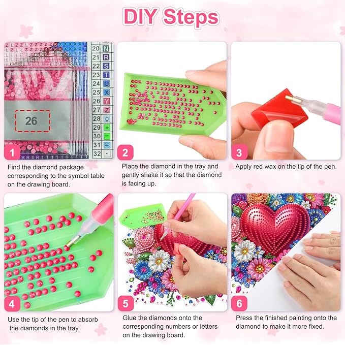 Valentine's Day Diamond Art Hanging Ornaments Kits for Adults, Heart Flower Diamond Painting Pendant Kits, DIY Acrylic 5D Special Shaped Crystal Gem Art Painting Ornament for Home Wall Decor Gift