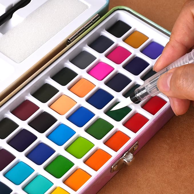 Watercolor Paint Set, 50 Colors with Brushes & Metal Case, Non-Toxic Art Supplies for Beginners & Students, Portable Travel Watercolor Kit, Ideal for Gifting