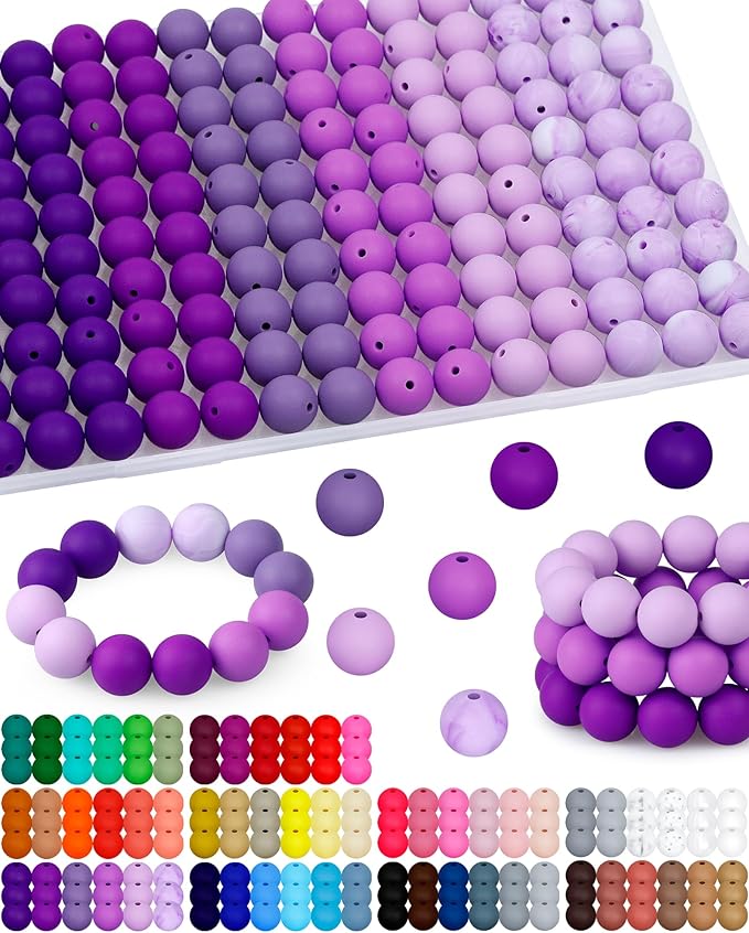 160pcs fiveizero 15mm silicone beads for keychain making - mixed color round rubber beads bulk, diy craft supplies for bracelets necklaces pens(purple)