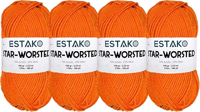 Estako Star-Worsted Yarn - (4 Skeins Pack) - 75% Acrylic 25% Wool - Soft Medium Weight #4 - (4 x 3.52 oz / 4 x 186 yds) - Crochet & Knitting Yarn (42192 - Orange)