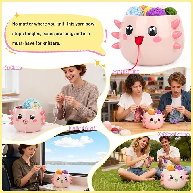 Coopay Axolotl Yarn Bowl for Crocheting/Knitting, Cute Bowl with 14 Pcs Yarn, Large Size Crochet Organizer for Beginners