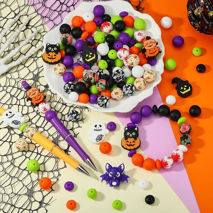 121 Pcs Halloween 12mm 15mm Silicone Beads Kits for Keychain Making 3D Bat Focals Round Focal Beads for Pens Bracelets Necklace DIY Crafts Jewelry Making