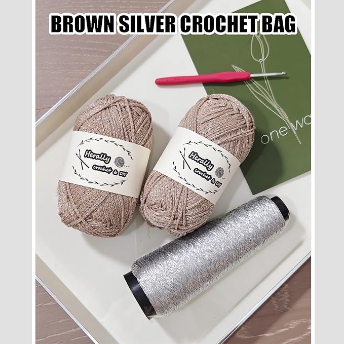 Herally Crochet Kit DIY for Beginners - Include Yarn, Hook and Accessory - with Step by Step Video Tutorials - Shining Tote Bag (Light Brown)