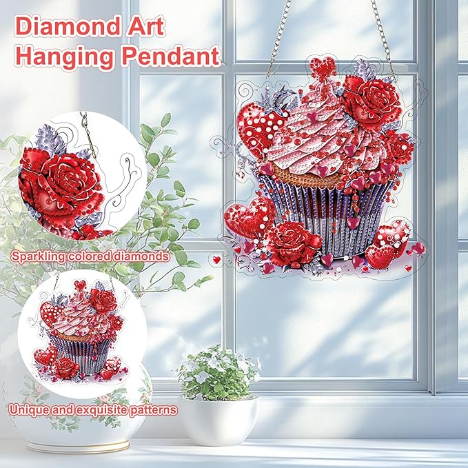 TOSTOG Strawberry Cupcakes Diamond Art Pendant Kits for Adult, Diamond Painting Hanging Kit for Beginners, 5D DIY Crafts Gem Art, Waterproof Full Accessories for Home Decor Idea 20 * 20 cm/8 * 8 in