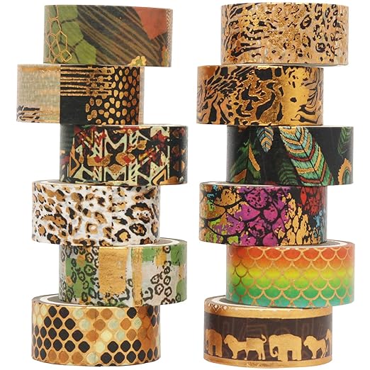 YUBX Wild Animals Washi Tape Set 12 Rolls Gold Foil Print Decorative Masking Tapes for Arts, DIY Crafts, Journals, Planners, Scrapbook, Wrapping (African Migration)