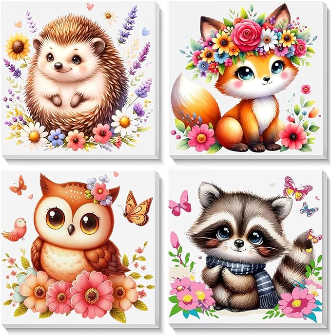 4 Pack Animal Paint by Number for Kids with Wooden Frame, Paint by Numbers for Kids Animals Ages 4-8-12, Easy Owl Fox Hedgehog Raccoon DIY Acrylic Oil Painting Kits for Home Wall Decor (8X8 inch)