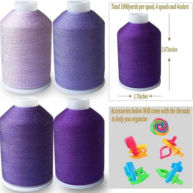 Sewing Thread Set, 4 Colors (Purple Series), 40s/2, 100% Polyester, 4000 Yards
