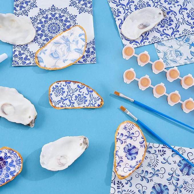 APUDWN 16 Set Natural Oyster Shells for Crafts 4-5 Inch Flat Oyster Shell Kits with Holes Drilled Includes Floral Chinoiserie Decoupage Napkins Glue Paints Twine Brushs for DIY Arts Hanging Ornaments