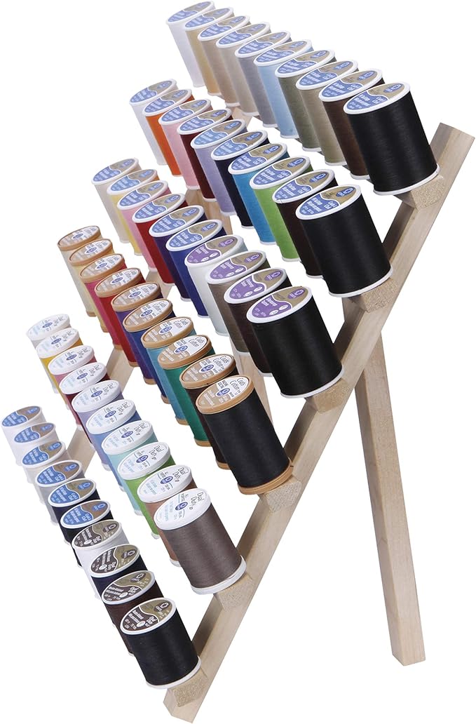 Dritz Wooden Thread Rack – Holds 60 Spools – Wall-Mount or Free-Standing with Pull-Out Legs – Wood Organizer for Sewing, Quilting, & Hair Braiding