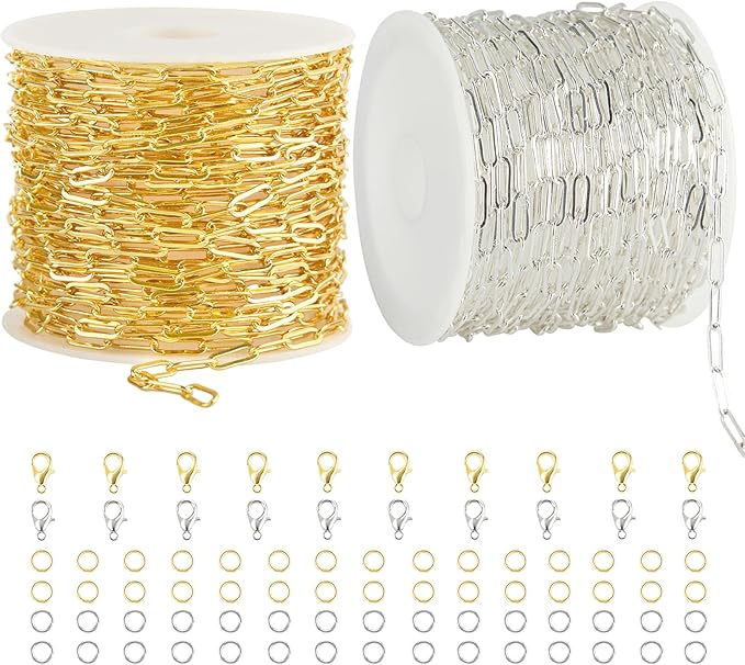 Kyutong 2 Rolls Paperclip Chain for Jewelry Making 32.8 Feet Jewelry Chain Links Silver and Gold Chains Bulk with Lobster Clasps and Jump Rings for DIY Craft Finding Jewelry Making Supplies