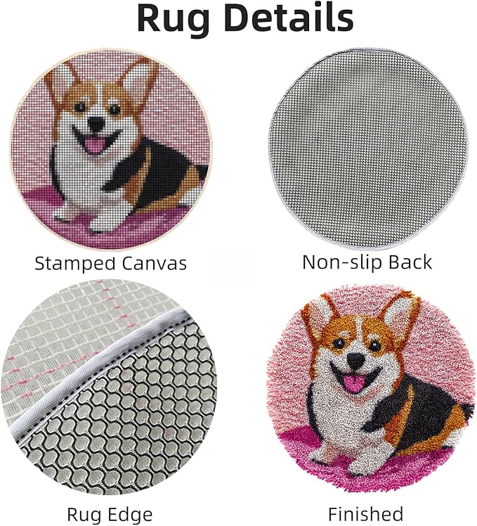 Latch Hook Rug Kit Cute Corgi Dog Easy for Beginners Round Shape Carpet Crochet Yarn Craft Mini Rug DIY Hook and Latch Little Tapestry for Home Decor 30x30cm-4