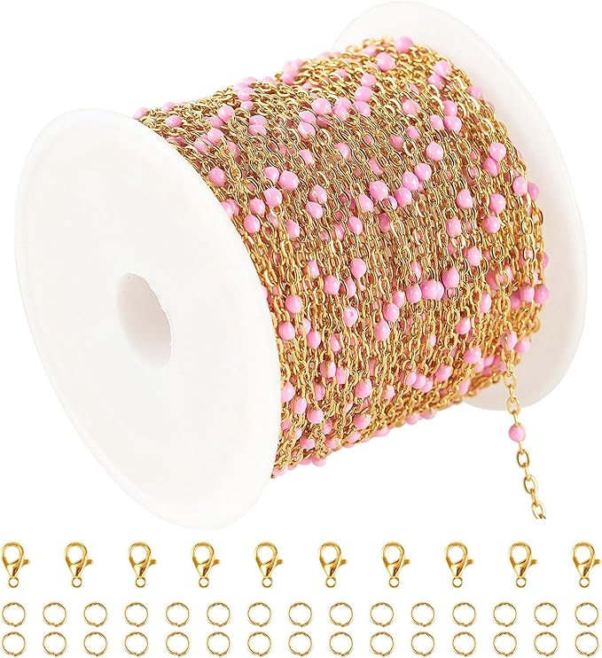 UMAOKANG 33 Feet Pink Bead Chain for Jewelry Making - Gold Plated Stainless Steel DIY Jewelry Supplies