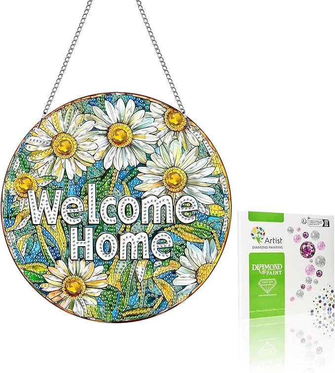 VAIIEYO Welcome Diamond Art Hanging Ornament, Chrysanthemum Diamond Painting Suncatchers Window Hanging Kit with Chain, 7.5x7.5 inch Crystal Pendant Art Craft for Gift Home Wall Front Door Decoration