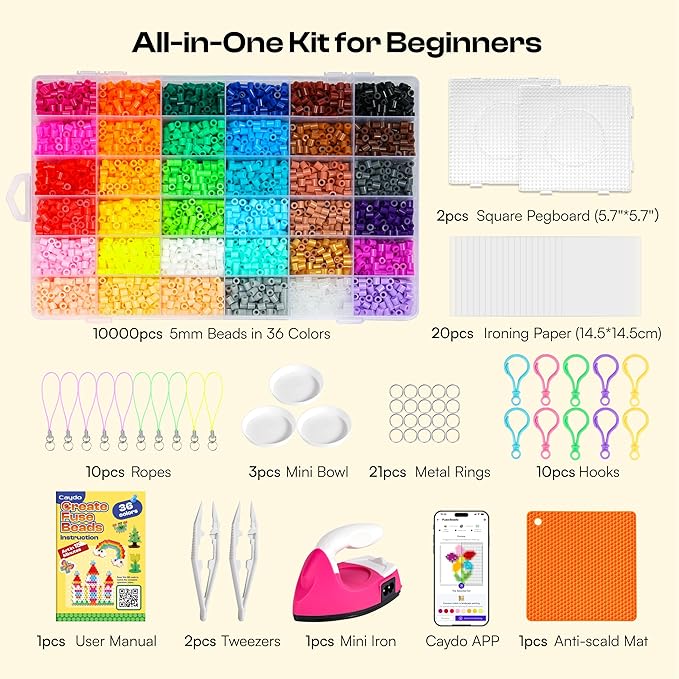 caydo fuse beads iron kit with design app & 200+ patterns for beginners, 10500pcs 36 colors 5mm iron beads for kids kit, customizable melting bead kit for 5-12 girls diy craft gift