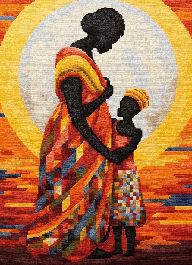 African Woman and Kid Latch Hook Rug Kit for Adults Easy Carpet Cushion with Printed Canvas Crochet Yarn Craft DIY Hooking Tapestry for Home Floor Decoration Pets Pads 52x38cm