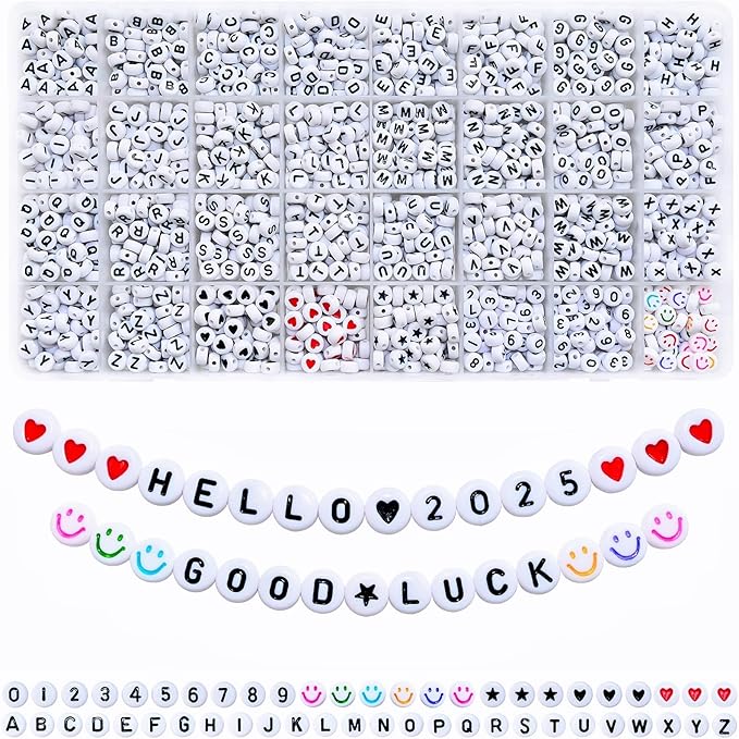 Amaney 1600pcs Acrylic Letter Beads - 4x7mm White, A-Z 31 Styles for Jewelry Making Bracelets, Necklaces, Key Chains