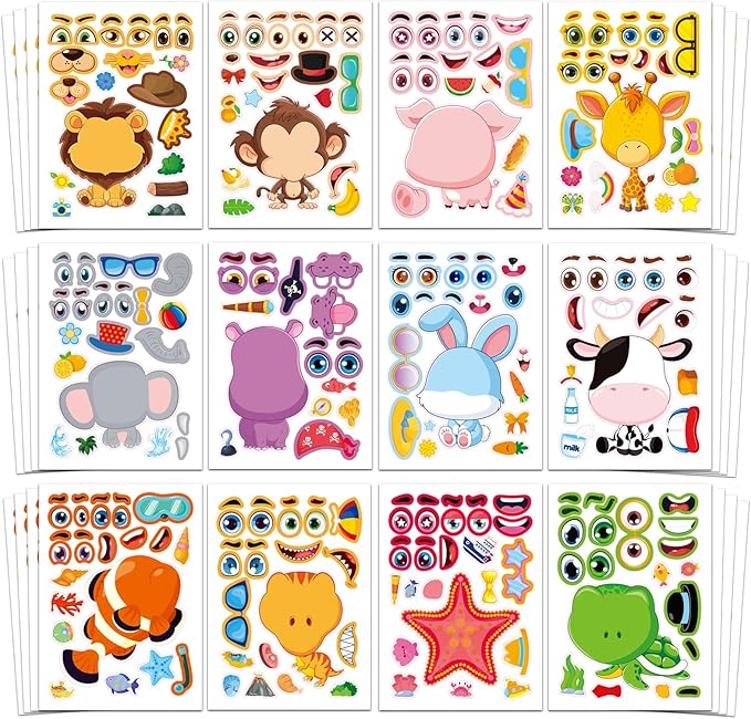 aowplc 48 pcs make-a-face sticker sheets for kids 12 animal designs for party favors crafts activities & goodie bag stuffers
