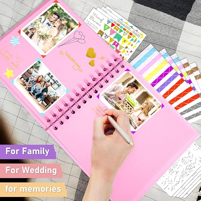 GOTIDEAL 8 x 8Inch Scrapbook Album,40 Pages Kraft Paper Photo Albums for Wedding&Anniversary,Family DIY Scrap Book Kits with Metallic Markers&Scrapbooking Stickers Corners(Pink)