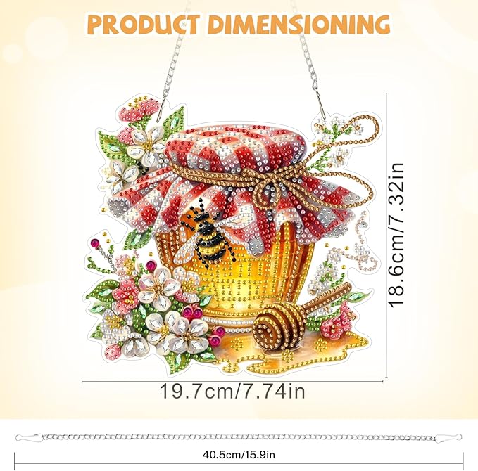 Bowetile Garden Bees Diamond Art Hanging Kits for Adults, Diamond Art Suncatchers Honey Jar, 5D Special Shape Diamond Painting Bee Pendant Window Ornament Gifts for Home Wall Door Garden Decor