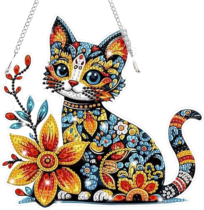 Bowetile Colorful Cat Diamond Art Hanging Kits for Adults, 5D Special Shape Diamond Painting Cats Window Pendant Kits, Animal Gem Art Suncatchers Ornament for Home Garden Wall Decor